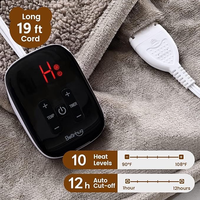 Bearhug Electric Blanket Full Size 77" x 84", Velvet & Sherpa Heated Blanket, Over-Heat Protect, 10 Heating Levels & 1-12H Auto Off, ETL, Machine Washable