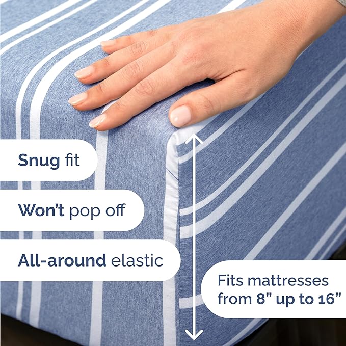 Twin 4 Piece Sheet Set - Cooling, Comfy & Breathable - Hotel Luxury Bedding, Includes Fitted Sheet for Women, Men, Kids & Teens - 1 Flat, 1 Fitted Sheet, 2 Pillowcases w/Deep Pockets - Blue Stripes