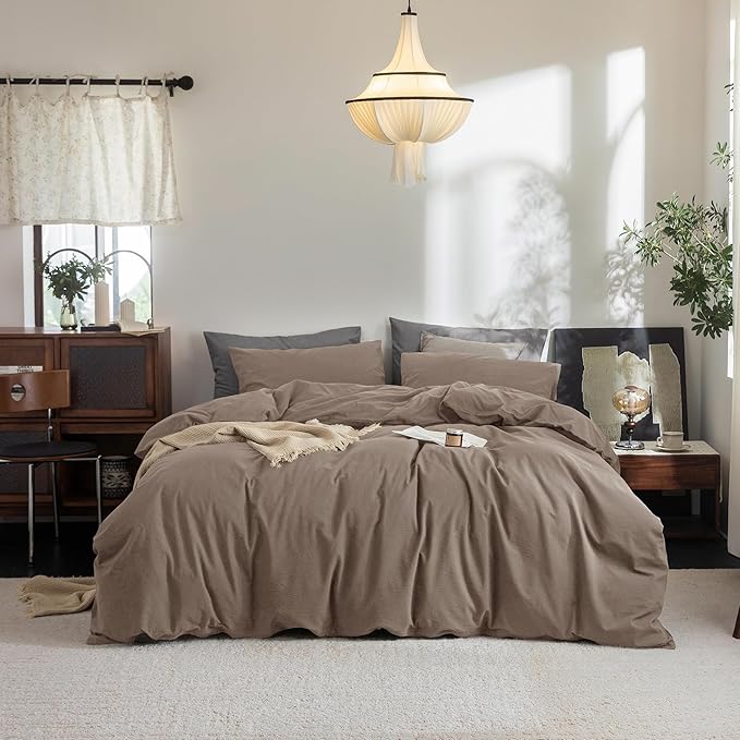 FOSSA Duvet Cover Set 100% Washed Cotton Linen Feel Super Soft Breathable Cozy 3 Pieces Bedding Sets Solid Pale Brown Oversized King Plus
