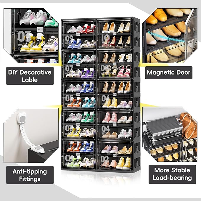 JEKO&JEKO 10 Tiers Foldable Shoe Rack Organizer Cabinet for Closet Entryway, Large Collapsible Shoe Storage Box with Magnetic Doors (Black)