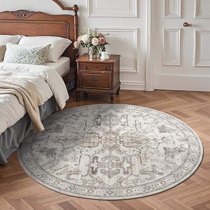 jinchan Round Rug 4ft Area Rug Indoor Vintage Floral Circle 4' Washable Ultra-Thin Low Pile Soft Small Non Slip Distressed Print for Living Room Dining Room Bedroom Entryway Taupe