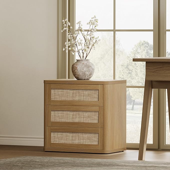 SICOTAS Rattan Night Stand Set 2, 26.8" Wide Oversized Nightstand with 3 Large Drawers, Push-Close & Kid-Safe Curved Edges, Boho Bedside Table End Table for Bedroom Sofa Side Home Office, Amber Oak