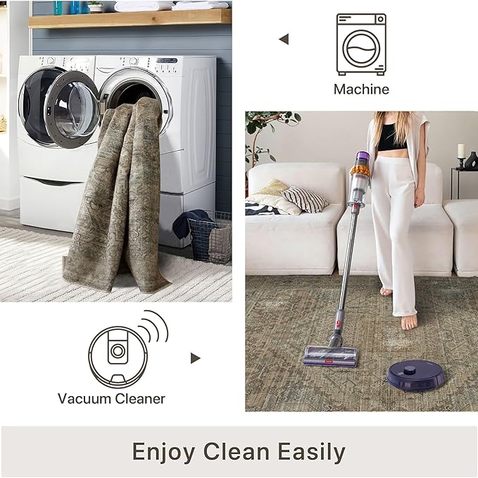 vivorug 5x7 Area Rugs - Ultra-Thin Washable Rug with Non-Slip Backing, Ideal for Living Room, Bedroom, Kitchen Floor Carpet - Vintage, Easy Clean, Durable, Olive