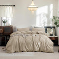FOSSA Duvet Cover Set 100% Washed Cotton Linen Feel Super Soft Breathable Cozy 3 Pieces Bedding Sets Solid Light Khaki King