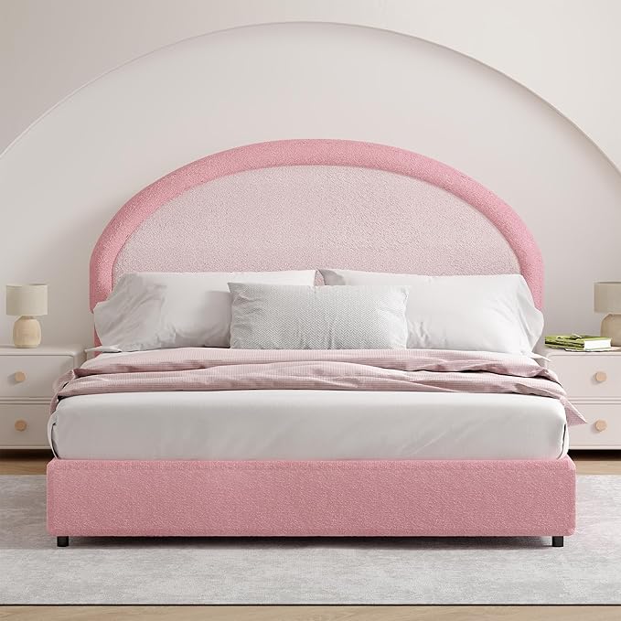 Full Size Bed Frame, Boucle Upholstered Platform Bed Frame with Headboard, Pink Bed Frame, Soft Rounded Corners, No Box Spring Required, Easy Assembly