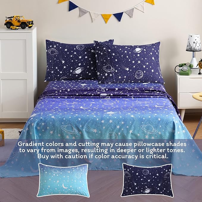 JSD Gradient Blue Moon Stars Kids Sheet Set Full Size, 4 Piece Space Theme Microfiber Sheets Deep Pocket