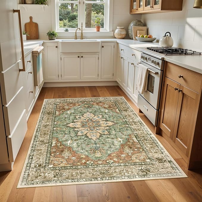 Area Rugs 4'x6' Washable Non-Slip, Floral Vintage Distress Print Pattern Medallion Carpet for Living Room Bedroom Dining Room, Brick Red Rust Neutral Brown Burnt Orange Green
