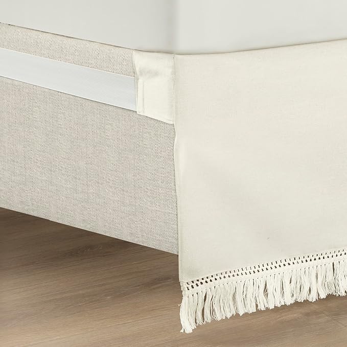 Lush Decor Boho Fringe 15-Inch Tailored Drop Easy Fit Bedskirt, Queen, Off-White
