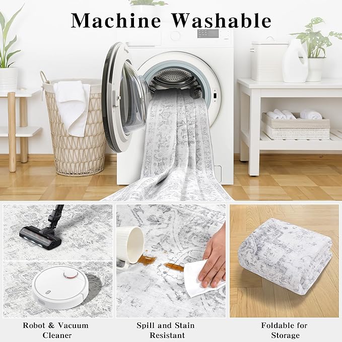 9x12 Vintage Washable Area Rugs Boho Medallion Large Distressed Retro Accent Carpet Floral Non-Slip Soft Low Pile Indoor Throw Rug for Living Room Bedroom Dining Room Office Kitchen, Gray