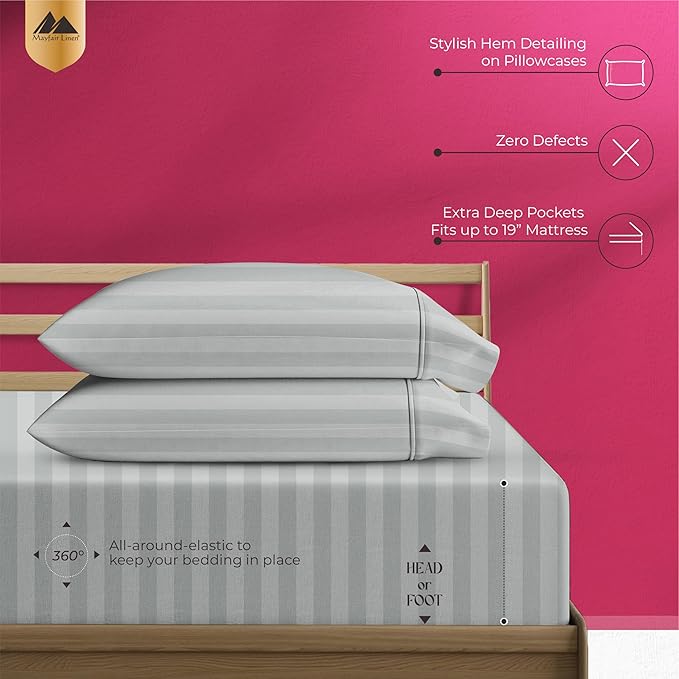 Mayfair Linen 100% Egyptian Cotton Sheets Queen Size - 1200 Thread Count 4 PC Damask Queen Sheet Set Egyptian Cotton, Sateen Luxury Sheet, High Thread Count Sheets, 17" Deep Pocket - Silver Stripe