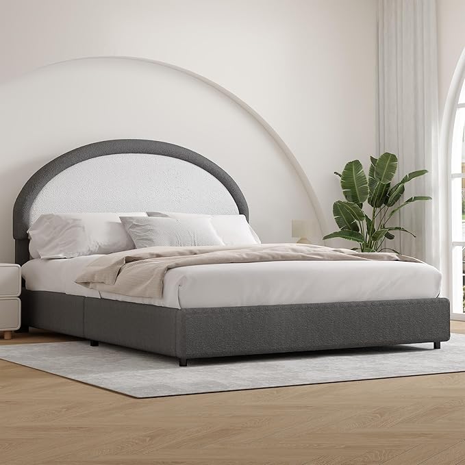 Queen Bed Frame, Boucle Upholstered Platform Bed Frame with Headboard, Grey Bed Frame, Soft Rounded Corners, No Box Spring Required, Easy Assembly