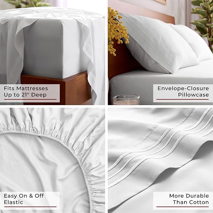 Mellanni Queen Sheet Set - 6-Piece Iconic Collection Bedding, (Including 4 Pillowcases), 21-Inch Extra Deep Pocket, Easy Care, Ultra Soft, Cooling Sheets, Brushed Microfiber - White