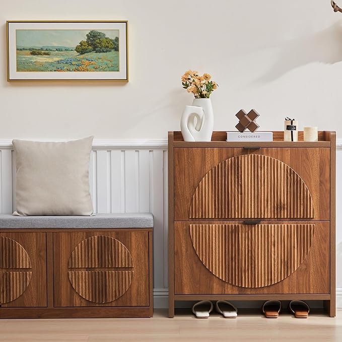 Narrow Shoe Cabinet with 2 Flip Drawers for Entryway,Wood Slim Shoe Rack Cabinet, Freestanding Hidden Shoe Storage Organizer, Space-Saving, Round Fluted Pattern for Hallway,Living Room (Walnut)