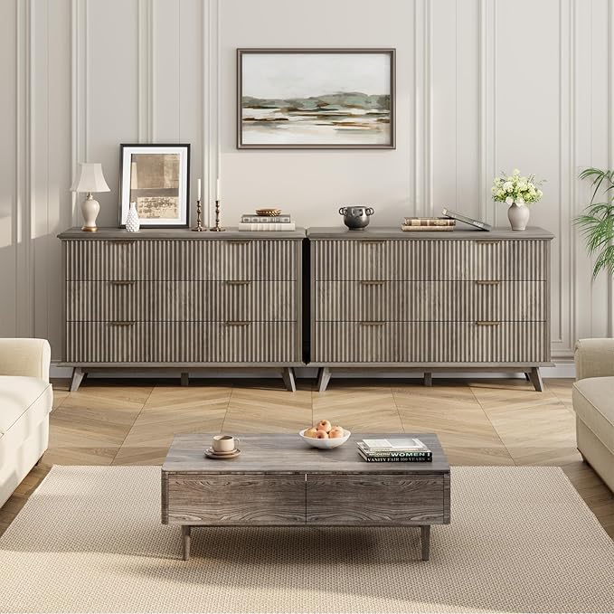 QUW Modern Fluted Dresser for Bedroom with 6 Drawers,47.2" Wood Closet Organizers and Storage,Wide 6 Drawer Dresser with Metal Handle,Hallway,Living Room(Grey)