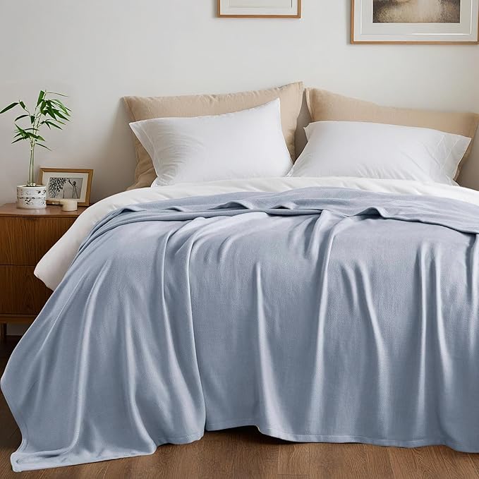 Queen Size Blanket, 70% Rayon (Derived from Bamboo) and 30% Cotton, Lightweight Jacquard Weave, Breathable and Soft Summer Blanket for Bed or Couch, 90” x 90”, Light Blue
