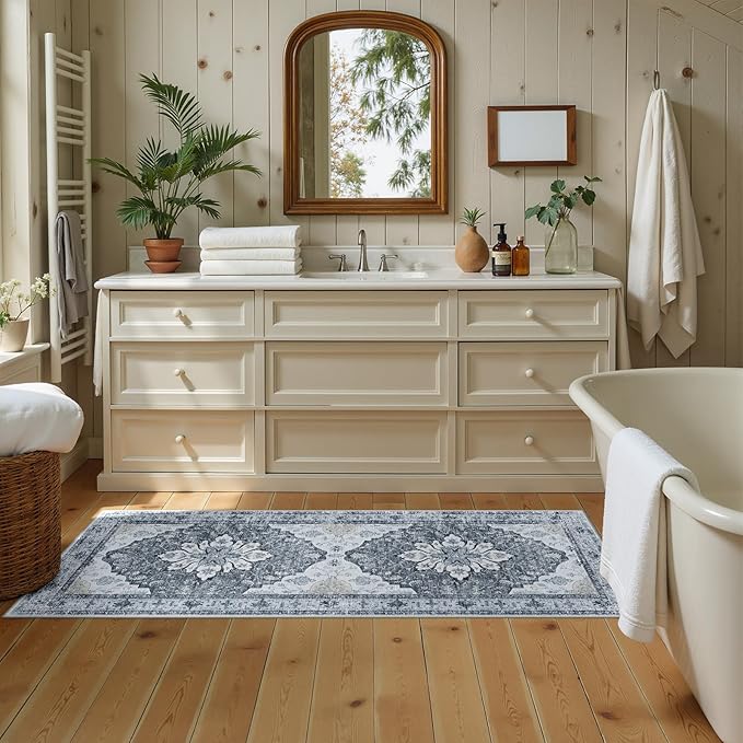 Area Rugs 2'x5' Washable Non-Slip, Floral Vintage Distress Print Pattern Medallion Carpet for Living Room Bedroom Dining Room, Light Gray Grey White