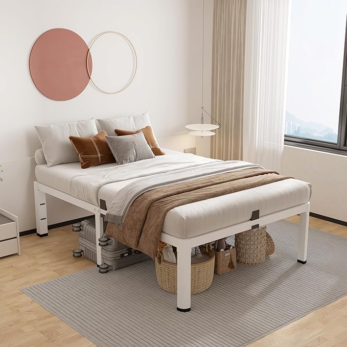 ROIL 18 Inch White Twin Size Bed Frame with Rounded Corner and Headboard Hole Mattress Retainers 3500LBS Heavy Duty Steel Slats No Box Spring Needed Platform Noise-Free Easy Assembly