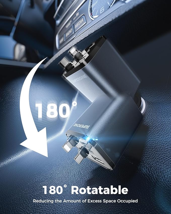 【2025 Ultra-Compact】 SUPERONE Retractable Car Charger, 5 in 1 Car Phone Charger with 84W Fast Charging Cables, Car Accessories Adapter for iPhone 16/15/14/13/12/11, Galaxy, Pixel