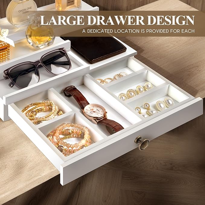 EOSAHR Modern Wooden Cologne Organizer for Room Decor - 3 Tier Cologne Holder with Storage Drawer and Hidden Compartment - Perfume Organizer for Dresser (White)