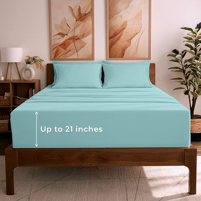 Mellanni Full Sheet Set - 6-Piece Iconic Collection Bedding, (Including 4 Pillowcases), 21-Inch Extra Deep Pocket, Easy Care, Ultra Soft, Cooling Sheets, Brushed Microfiber - Aqua