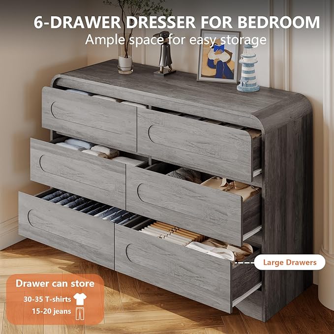 5 Piece Bedroom Sets, Modern Dresser and Nightstand Sets & Bookshelf with Safe Curved Design, Including Tall Bookshelf High & Wide 6 Drawer Dressers and Night Stand Set of 2 for Bedroom, Grey