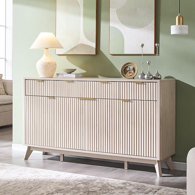 T4TREAM Large Buffet Sideboard Cabinet with Storages, 60" Fluted Modern Buffet Table Coffee Bar Wine Bar Storage Cabinet with 3 Drawers & 4 Doors for Dining Room, Living Room, Hallway(White Alder)