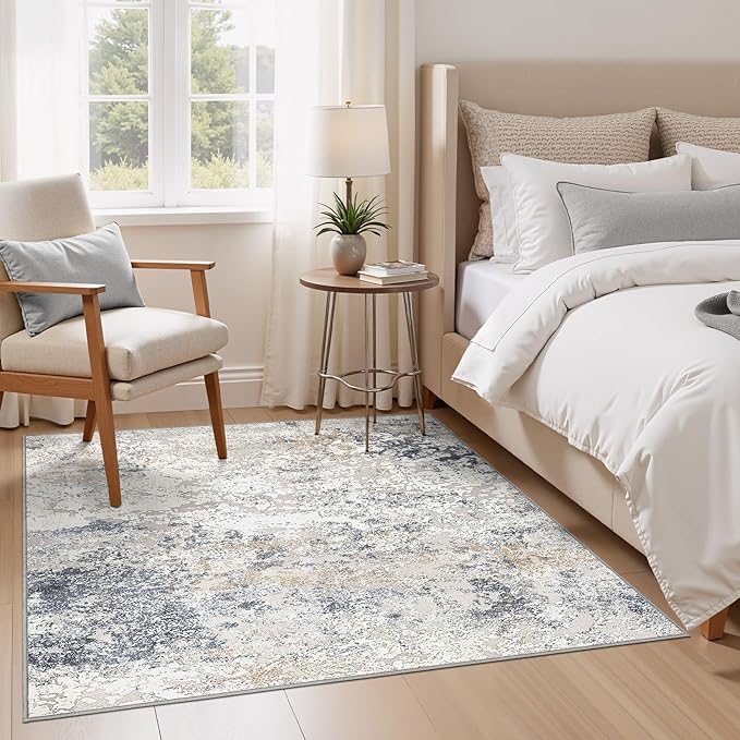 Square Area Rug Living Room Rugs - 6x6 Washable Large Soft Indoor Neutral Modern Abstract Low Pile Rug Carpet for Bedroom Dining Room Farmhouse Home Office - Beige Blue