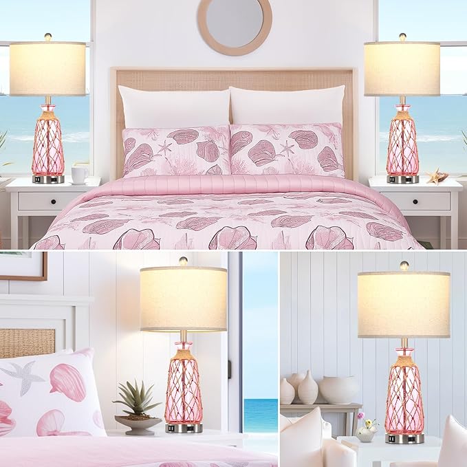 25.5" Coastal Glass Table Lamps Set of 2, 3-Way Dimmable Touch Control Bedside Lamps with 2 USB Ports and AC Outlet, Pink Nautical Nightstand Lamps for Bedroom Living Room (LED Bulbs Included)