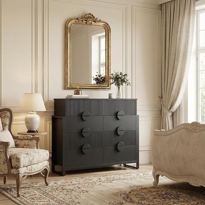 LGHM Fluted Dresser for Bedroom with 8 Drawers, Modern 8 Drawers Dressers with Semi-Cylindrical, Chest of Drawers Closet Organizers and Storage Clothes, 43" Tall Dresser with Bold Steel Frame, Black