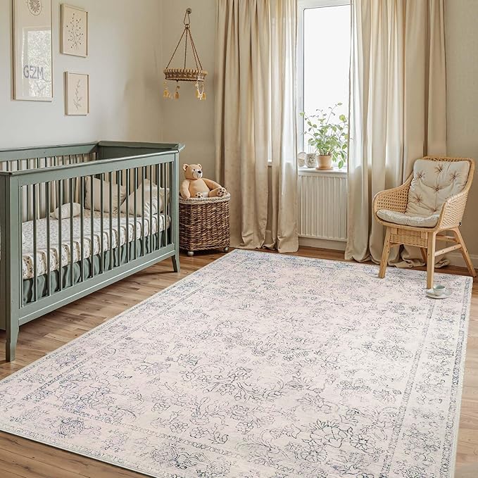 jinchan 6x9 Machine Washable Area Rugs for Living Room – Vintage Floral Soft Stain Resistant Low Pile Rug, Non Slip Ultra-Thin Carpet for Bedroom, Dining Room, Home Office, Nursery (6'x9', Ivory)