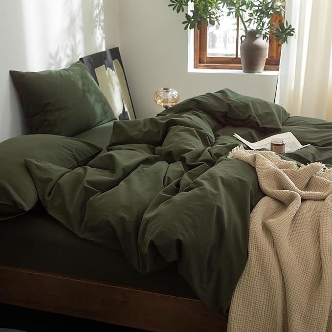 FOSSA Duvet Cover Set 100% Washed Cotton Linen Feel Super Soft Breathable Cozy 3 Pieces Bedding Sets Solid Olive Green Super Queen