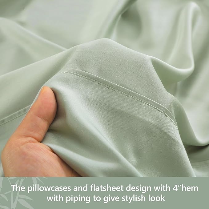 Linen World Cooling Bed Sheets Set King Size,100% Organically Grown Viscose Sheets,Deep Pocket Up to 16",4 Pieces Silky Soft,Breathable Bedding Sheets & Pillowcases(Sage Green,King)