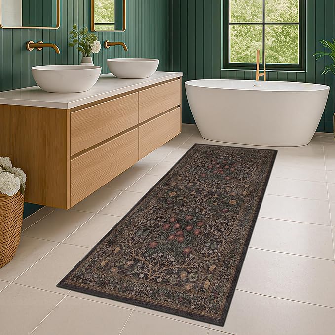 Dark Brown 2x4 Entryway Rug, Small Runners for Kitchen, Door Mat Indoor Entrance, Bathroom, Non-Slip Low-Pile Washable Stain Resistant, Vintage Tapue Green Floral Design