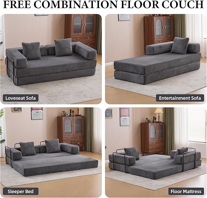 4-in-1 Convertible Folding Sleeper Sofa Bed, Fold Out Floor Sofa Couch with Fixed-Shape Frame, Cloud Corduroy Foldable Mattress Couch for Living Room Bedroom (77" Corduroy, Dark Grey)