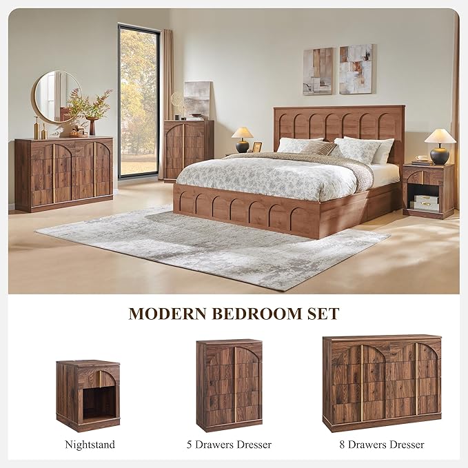 ACCOHOHO Modern 5 Drawers Dresser for Bedroom with Arched Panel,44" Tall Dresser for Closet with Metal Handles,Push-to-Open Wood Storage Closet Dressers Tv Stand for Living Room, Hallway,Brown