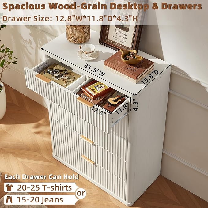 LEYAOYAO Fluted 6 Drawers Dresser for Bedroom Set of 2, 42" Tall Modern Chest of Drawers with Metal Handle, Curved Profile Design,White Wood Drawer Organizer for Bedroom, Living Room, Hallway