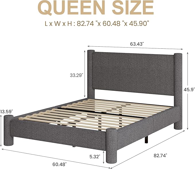 Queen Size Bed Frame, Boucle Upholstered Platform Bed Frame with Headboard and Footboard, Soft Bed Frame with Rounded Corners, No Box Spring Required, Easy Assembly, Dark Grey
