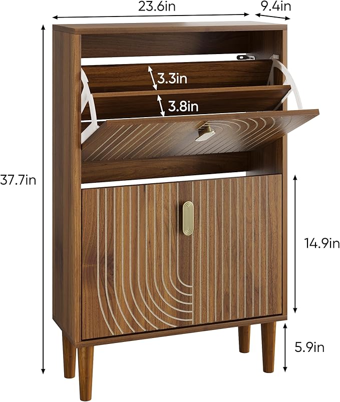 Vibe & Dine Modern Shoe Cabinet with 2 Flip Drawers & Gold Handles, Slim Space-Saving Entryway Shoe Storage Organizer, Freestanding Wood Shoe Rack Cabinet for Hallway, Bedroom, Living Room, Brown