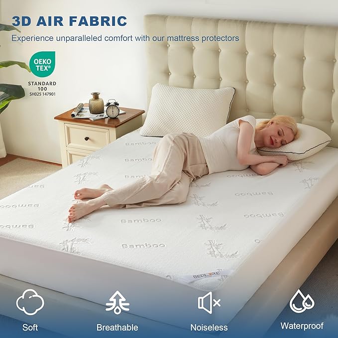 BEDLORE Twin Size Waterproof Mattress Protector Viscose Derived from Bamboo, Soft Mattress Cover Fitted with Deep Pocket 6"-15", Breathable & Cooling Noiseless Mattress Pad, Machine Washable(White)