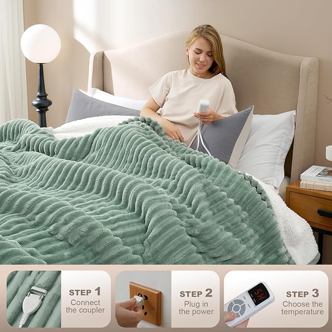 Hansleep Heated Blanket Queen Size Electric Throw Dual Control, Heating Blanket with 9 Heating Levels and 10-Hour Timer Auto Shut Off, Washable Soft Warm Winter Blanket, 80 x 90 Inches, Green
