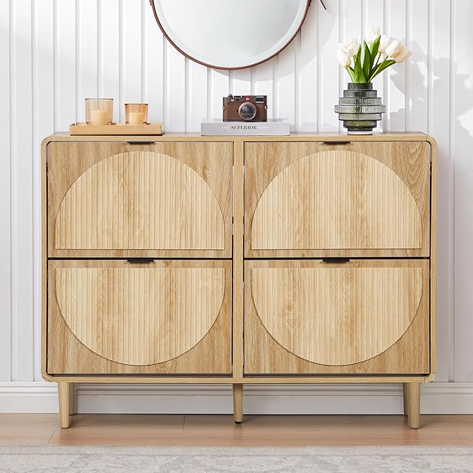 Turtle&Myrtle Narrow Fluted Shoe Cabinet for Entryway, Slim Hidden Shoe Rack, Wooden Freestanding Shoe Storage Organizer with 4 Flip Drawers, Hallway, Living Room, Foyer (Natural)