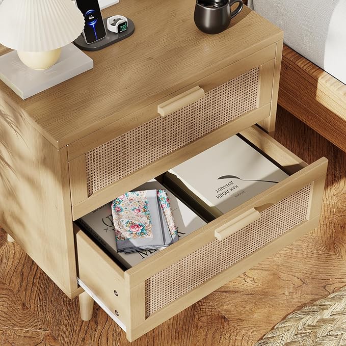 Rovaurx Rattan Nightstand with 2 Drawers, Bedside Table Small Night Stand with Charging Station, End Table for Bedroom, Boho Side Table with Solid Wood Legs for Bedroom, Modern Natural RCTG111ME