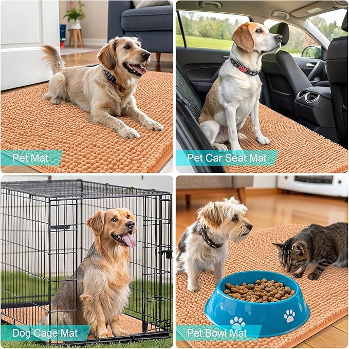 OLANLY Dog Door Mat for Muddy Paws 30x20, Absorbs Moisture and Dirt, Absorbent Non-Slip Washable Doormat, Quick Dry Chenille Mud Mat for Dogs, Entry Indoor Entryway Carpet for Inside Floor, Orange
