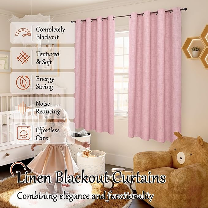 Baby Pink Linen Blackout Curtains for Nursery 63 Inch Length 2 Panels Set, Thermal Insulated Boho Total Black Out Noise Reducing Bonzer Grommets Window Curtains for Girls Bedroom, Each 60 Inch Wide