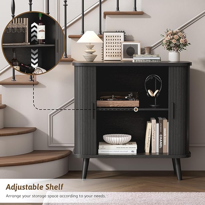 Buffet Cabinet with Storage, Curved-Edge Fluted Storage Cabinet Sideboard, Modern Black Sideboard Buffet with Adjustable Shelves & Sliding Door for Dining Room, Kitchen, Entryway
