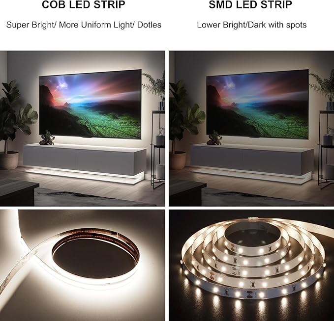 White COB LED Strip Lights 32.8ft, 6500K Dimmable Ultra Bright Daylight White 24V LED Light, 3200 LEDs Flexible CRI 93+ COB Light strips for room, Mirror, Kitchen, Bedroom（Remote control not included）