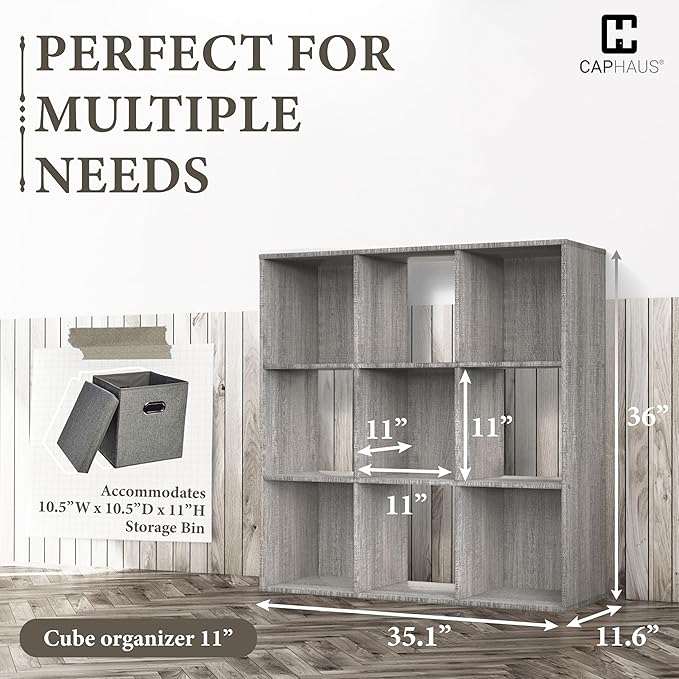 CAPHAUS Sturdy Room 11-Inch Cube Storage Organizer Shelf, with Thick Exterior Edge, Storage Shelf Divider w/Back, Bookcase, 9-Cube, Greige Oak