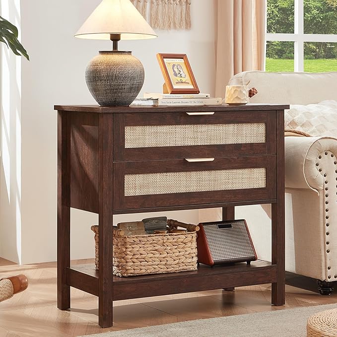 LEYAOYAO 31.5" Wide Rattan Night Stand, Oversized Large Walnut Nightstand with 2 Drawer, Boho Bed Side End Tables with Storage Shelf, Tall Bedside Table for Bedroom Living Room, Hallway