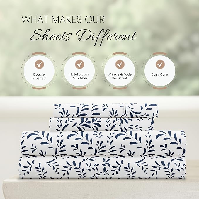 Linen Market Double-Brushed Patterned Microfiber Full Sheet Set 4 Piece – Oeko-TEX Certified Ultra Soft & Wrinkle-Free - 16" Deep Pocket Sheets - Easy Care Full Size - Burst of Vines Navy