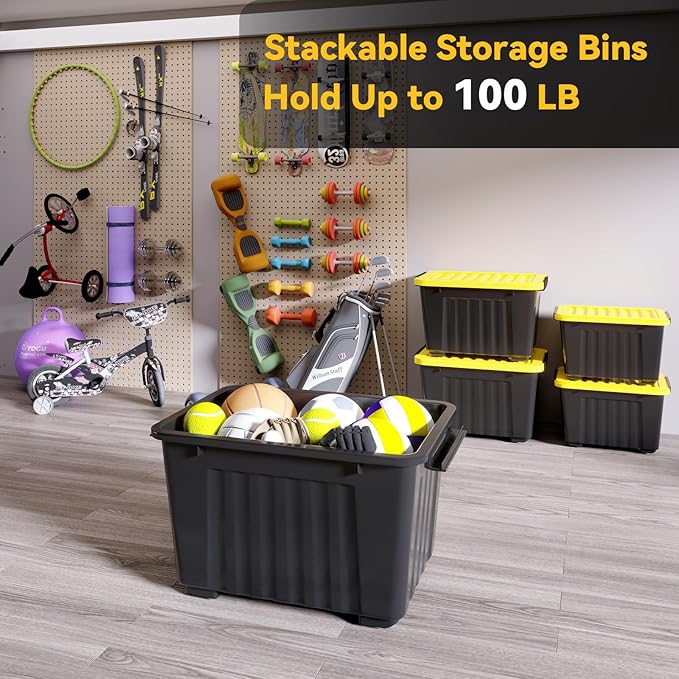 Nazhura 72Quart Plastic Storage Bin, Stackable and Nestable Storage Boxes with White Lids and Secure Latching Buckles, Large Storage Container (Black/Yellow, 72Quart-6Pack)